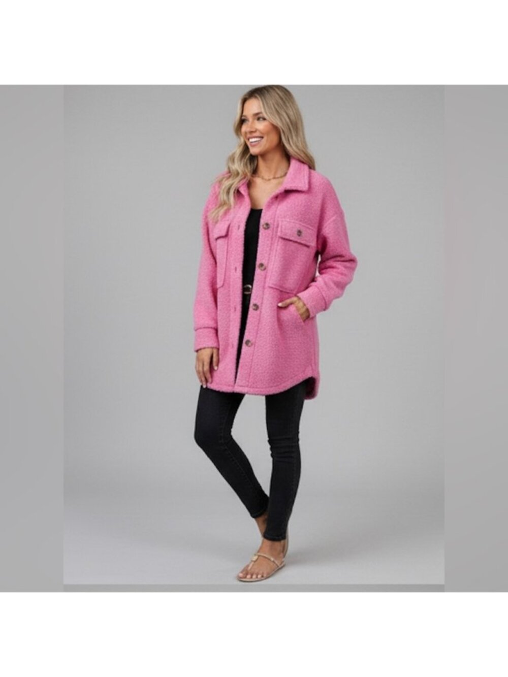 Flap Pocket Drop Shoulder Teddy Coat Jacket Pink
